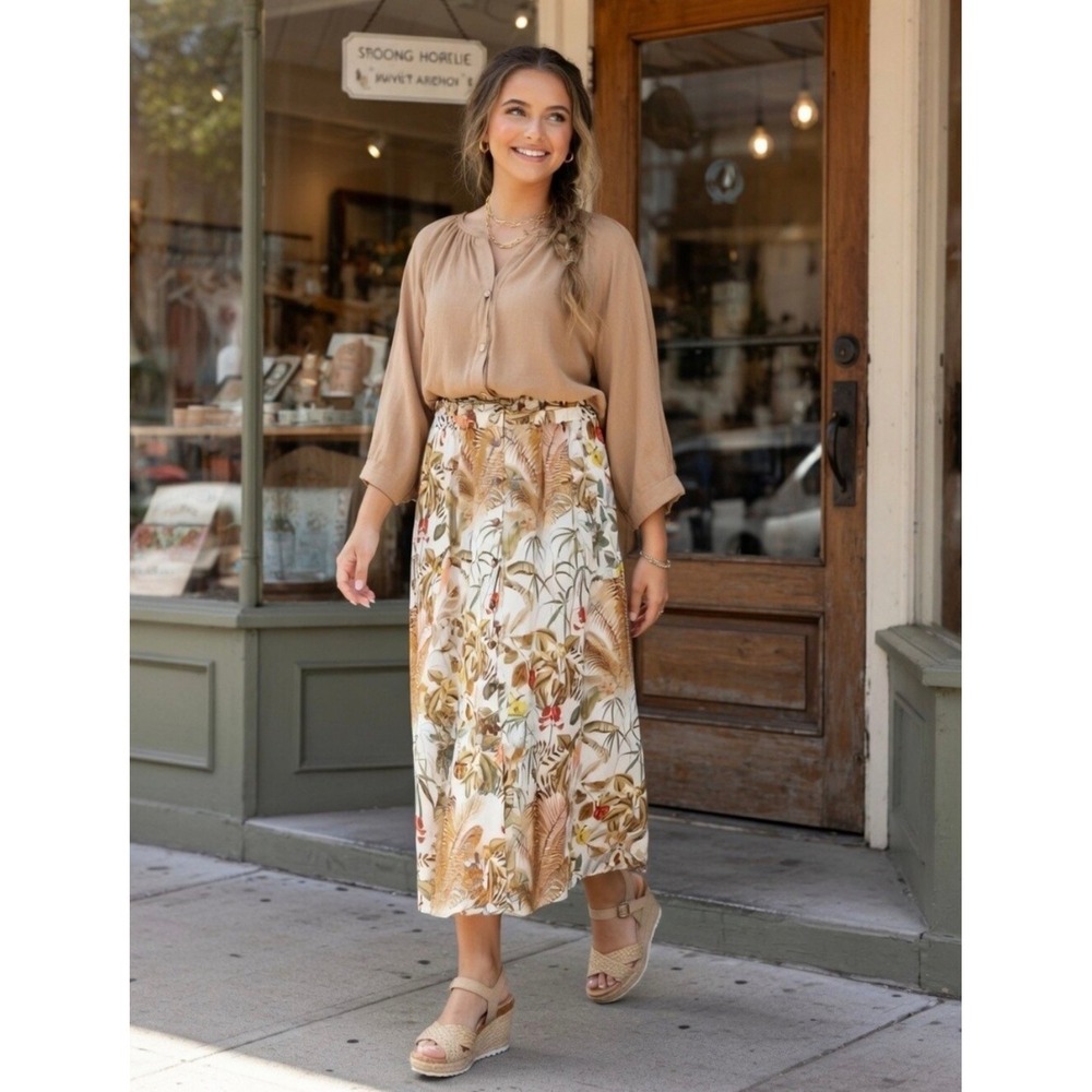HM Tropical Palm Print Button Front Midi Skirt Linen Blend Paperbag Waist XS